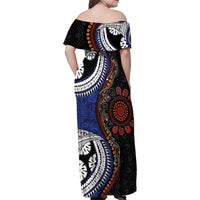 Fiji and Australia Together Family Matching Off Shoulder Maxi Dress and Hawaiian Shirt Kangaroo Aboriginal with Tribal Tapa Hibiscus Half Style - Polynesian Pride