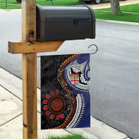 Fiji and Australia Together Garden Flag Kangaroo Aboriginal with Tribal Tapa Hibiscus Half Style - Polynesian Pride