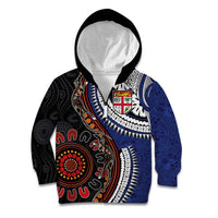 Fiji and Australia Together Kid Hoodie Kangaroo Aboriginal with Tribal Tapa Hibiscus Half Style - Polynesian Pride