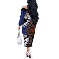 Fiji and Australia Together Off The Shoulder Long Sleeve Dress Kangaroo Aboriginal with Tribal Tapa Hibiscus Half Style - Polynesian Pride