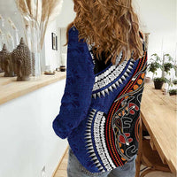 Fiji and Australia Together Women Casual Shirt Kangaroo Aboriginal with Tribal Tapa Hibiscus Half Style - Polynesian Pride