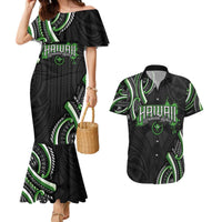 Traditional Art Hawaiian Kakau Tattoos Couples Matching Mermaid Dress and Hawaiian Shirt Green Color LT03 Green - Polynesian Pride