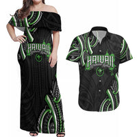 Traditional Art Hawaiian Kakau Tattoos Couples Matching Off Shoulder Maxi Dress and Hawaiian Shirt Green Color LT03 Green - Polynesian Pride