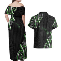 Traditional Art Hawaiian Kakau Tattoos Couples Matching Off Shoulder Maxi Dress and Hawaiian Shirt Green Color LT03 - Polynesian Pride
