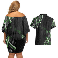 Traditional Art Hawaiian Kakau Tattoos Couples Matching Off Shoulder Short Dress and Hawaiian Shirt Green Color LT03 - Polynesian Pride