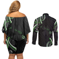 Traditional Art Hawaiian Kakau Tattoos Couples Matching Off Shoulder Short Dress and Long Sleeve Button Shirt Green Color LT03 - Polynesian Pride