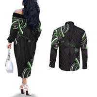 Traditional Art Hawaiian Kakau Tattoos Couples Matching Off The Shoulder Long Sleeve Dress and Long Sleeve Button Shirt Green Color LT03 - Polynesian Pride