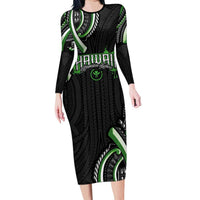Traditional Art Hawaiian Kakau Tattoos Family Matching Long Sleeve Bodycon Dress and Hawaiian Shirt Green Color LT03 Mom's Dress Green - Polynesian Pride