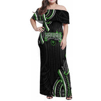 Traditional Art Hawaiian Kakau Tattoos Family Matching Off Shoulder Maxi Dress and Hawaiian Shirt Green Color LT03 Mom's Dress Green - Polynesian Pride