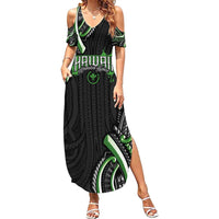 Traditional Art Hawaiian Kakau Tattoos Family Matching Summer Maxi Dress and Hawaiian Shirt Green Color LT03 Mom's Dress Green - Polynesian Pride