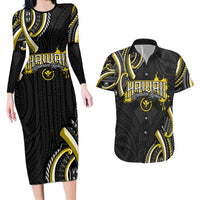 Traditional Art Hawaiian Kakau Tattoos Couples Matching Long Sleeve Bodycon Dress and Hawaiian Shirt Yellow Color LT03 Yellow - Polynesian Pride