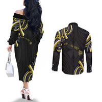 Traditional Art Hawaiian Kakau Tattoos Couples Matching Off The Shoulder Long Sleeve Dress and Long Sleeve Button Shirt Yellow Color LT03 - Polynesian Pride