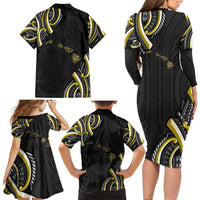 Traditional Art Hawaiian Kakau Tattoos Family Matching Long Sleeve Bodycon Dress and Hawaiian Shirt Yellow Color LT03 - Polynesian Pride