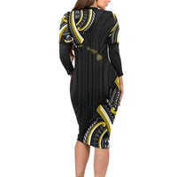 Traditional Art Hawaiian Kakau Tattoos Family Matching Long Sleeve Bodycon Dress and Hawaiian Shirt Yellow Color LT03 - Polynesian Pride
