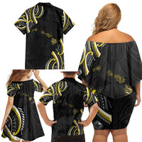 Traditional Art Hawaiian Kakau Tattoos Family Matching Off Shoulder Short Dress and Hawaiian Shirt Yellow Color LT03 - Polynesian Pride