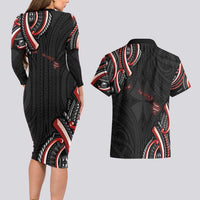 Traditional Art Hawaiian Kakau Tattoos Couples Matching Long Sleeve Bodycon Dress and Hawaiian Shirt Red Color LT03 - Polynesian Pride