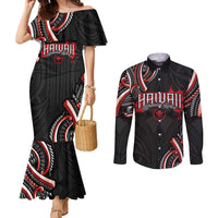 Traditional Art Hawaiian Kakau Tattoos Couples Matching Mermaid Dress and Long Sleeve Button Shirt Red Color LT03 Red - Polynesian Pride
