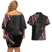 Traditional Art Hawaiian Kakau Tattoos Couples Matching Off Shoulder Short Dress and Hawaiian Shirt Red Color LT03 - Polynesian Pride