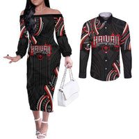 Traditional Art Hawaiian Kakau Tattoos Couples Matching Off The Shoulder Long Sleeve Dress and Long Sleeve Button Shirt Red Color LT03 Red - Polynesian Pride