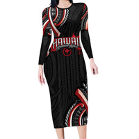 Traditional Art Hawaiian Kakau Tattoos Long Sleeve Bodycon Dress Red Color - Polynesian Pride