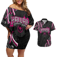 Traditional Art Hawaiian Kakau Tattoos Couples Matching Off Shoulder Short Dress and Hawaiian Shirt Pink Color LT03 Pink - Polynesian Pride