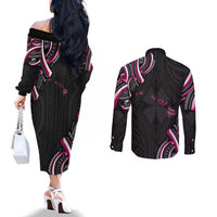 Traditional Art Hawaiian Kakau Tattoos Couples Matching Off The Shoulder Long Sleeve Dress and Long Sleeve Button Shirt Pink Color LT03 - Polynesian Pride