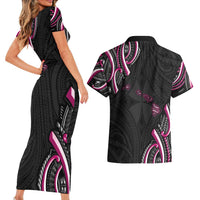 Traditional Art Hawaiian Kakau Tattoos Couples Matching Short Sleeve Bodycon Dress and Hawaiian Shirt Pink Color LT03 - Polynesian Pride