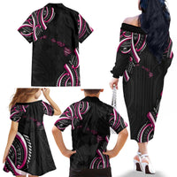 Traditional Art Hawaiian Kakau Tattoos Family Matching Off The Shoulder Long Sleeve Dress and Hawaiian Shirt Pink Color - Polynesian Pride
