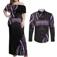 Traditional Art Hawaiian Kakau Tattoos Couples Matching Off Shoulder Maxi Dress and Long Sleeve Button Shirt Purple Color LT03 Purple - Polynesian Pride