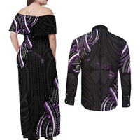 Traditional Art Hawaiian Kakau Tattoos Couples Matching Off Shoulder Maxi Dress and Long Sleeve Button Shirt Purple Color LT03 - Polynesian Pride