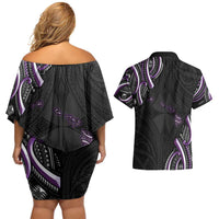 Traditional Art Hawaiian Kakau Tattoos Couples Matching Off Shoulder Short Dress and Hawaiian Shirt Purple Color LT03 - Polynesian Pride