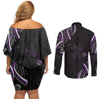 Traditional Art Hawaiian Kakau Tattoos Couples Matching Off Shoulder Short Dress and Long Sleeve Button Shirt Purple Color LT03 - Polynesian Pride