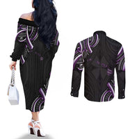 Traditional Art Hawaiian Kakau Tattoos Couples Matching Off The Shoulder Long Sleeve Dress and Long Sleeve Button Shirt Purple Color LT03 - Polynesian Pride