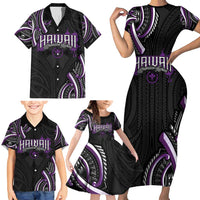 Traditional Art Hawaiian Kakau Tattoos Family Matching Short Sleeve Bodycon Dress and Hawaiian Shirt Purple Color LT03 - Polynesian Pride