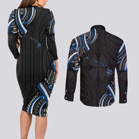 Traditional Art Hawaiian Kakau Tattoos Couples Matching Long Sleeve Bodycon Dress and Long Sleeve Button Shirt Blue Color LT03 - Polynesian Pride