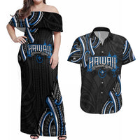 Traditional Art Hawaiian Kakau Tattoos Couples Matching Off Shoulder Maxi Dress and Hawaiian Shirt Blue Color LT03 Blue - Polynesian Pride
