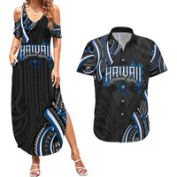Traditional Art Hawaiian Kakau Tattoos Couples Matching Summer Maxi Dress and Hawaiian Shirt Blue Color LT03 Blue - Polynesian Pride
