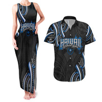 Traditional Art Hawaiian Kakau Tattoos Couples Matching Tank Maxi Dress and Hawaiian Shirt Blue Color LT03 Blue - Polynesian Pride
