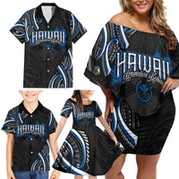 Traditional Art Hawaiian Kakau Tattoos Family Matching Off Shoulder Short Dress and Hawaiian Shirt Blue Color LT03 - Polynesian Pride
