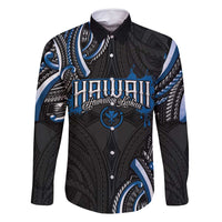 Traditional Art Hawaiian Kakau Tattoos Family Matching Off Shoulder Short Dress and Hawaiian Shirt Blue Color LT03 Dad's Shirt - Long Sleeve Blue - Polynesian Pride