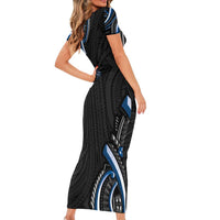 Traditional Art Hawaiian Kakau Tattoos Family Matching Short Sleeve Bodycon Dress and Hawaiian Shirt Blue Color LT03 - Polynesian Pride