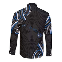 Traditional Art Hawaiian Kakau Tattoos Long Sleeve Button Shirt Blue Color - Polynesian Pride