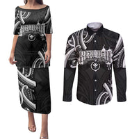 Traditional Art Hawaiian Kakau Tattoos Couples Matching Puletasi and Long Sleeve Button Shirt White - Polynesian Pride