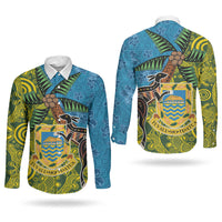 Tuvalu and Australia Together Couples Matching Off Shoulder Maxi Dress and Long Sleeve Button Shirt Tapa Pattern and Aboriginal mix Culture