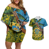 Tuvalu and Australia Together Couples Matching Off Shoulder Short Dress and Hawaiian Shirt Tapa Pattern and Aboriginal mix Culture