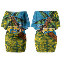 Tuvalu and Australia Together Couples Matching Off Shoulder Short Dress and Long Sleeve Button Shirt Tapa Pattern and Aboriginal mix Culture