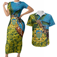 Tuvalu and Australia Together Couples Matching Short Sleeve Bodycon Dress and Hawaiian Shirt Tapa Pattern and Aboriginal mix Culture