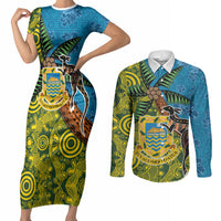Tuvalu and Australia Together Couples Matching Short Sleeve Bodycon Dress and Long Sleeve Button Shirt Tapa Pattern and Aboriginal mix Culture