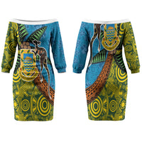 Tuvalu and Australia Together Family Matching Off The Shoulder Long Sleeve Dress and Hawaiian Shirt Tapa Pattern and Aboriginal mix Culture