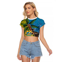 Tuvalu and Australia Together Raglan Cropped T Shirt Tapa Pattern and Aboriginal mix Culture